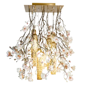 Flower Power Pink-Cream Magnolia Chandelier with 24k Gold Pipes from VGnewtrend, Italy