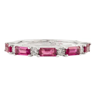 14k White Gold Minimal Baguette Ruby & Diamond Stackable Half Eternity Ring in Size 6.5 For Sale