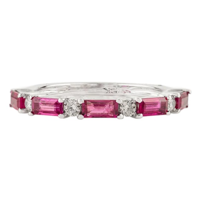 14k White Gold Minimal Baguette Ruby & Diamond Stackable Half Eternity Ring in Size 6.5 For Sale