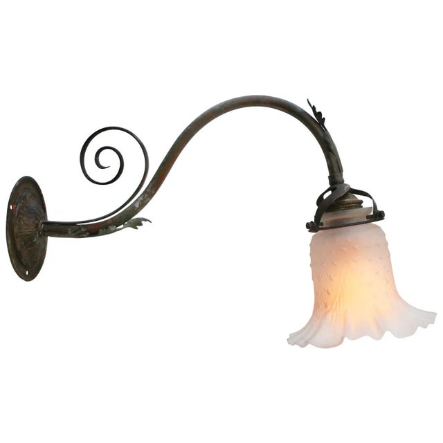 Art Nouveau French Brass & Frosted Glass Wall Lamp For Sale - Image 3 of 7