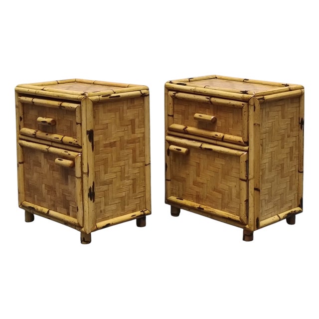 Vintage Italian Rattan Bedside Tables, 1960s, Set of 2 For Sale
