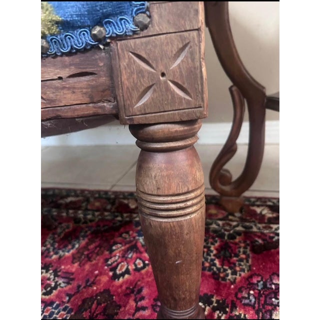 Wood Antique Victorian Eastlake Walnut Armchair With Porcelain Casters & Blue Floral Upholstery For Sale - Image 7 of 10