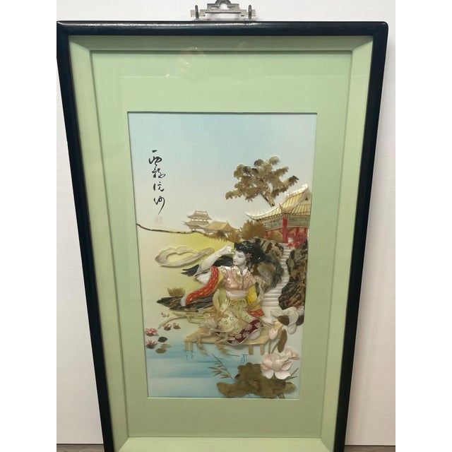 Chinese Large Vintage Chinese Hardstone & Shell Inlay Shadow Box – Court Lady With Lotus Garden Scene For Sale - Image 3 of 7