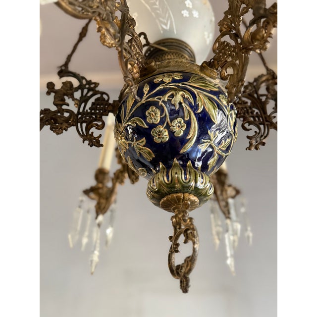 Metal French 7-Light Chandelier in Bronze, Majolica and Crystal, 1930s For Sale - Image 7 of 8