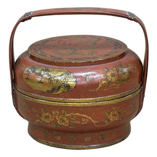 Vintage Oriental Brick Red Golden Graphic Stack Wedding Basket Display For Sale