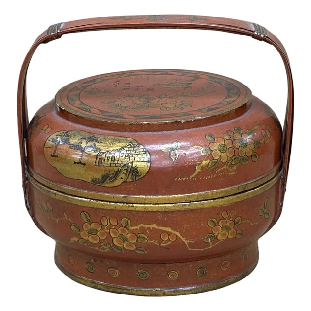 Vintage Oriental Brick Red Golden Graphic Stack Wedding Basket Display For Sale