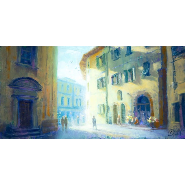Pistoia Street by Christopher Clark | Oil and Acrylic on Wood Panel City street scene with buildings and figures. For Sale