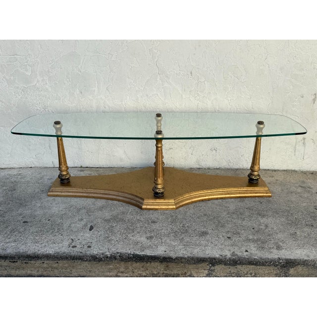 Hollywood Regency Burnished Gold + Glass Coffee Table For Sale - Image 3 of 12