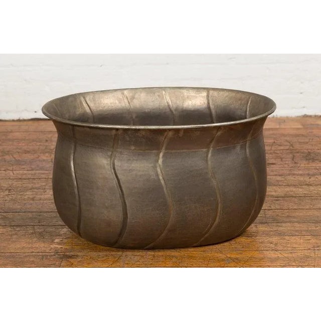 Vintage Indian Silver over Brass Planter with Wave Design & Sinuous Lines For Sale In New York - Image 6 of 13