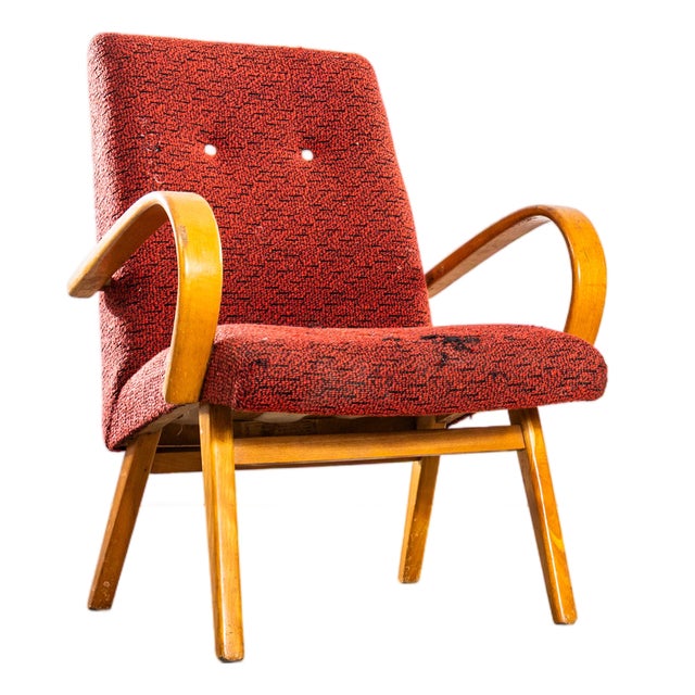 Lounge Chair in Tufted Orange Jacquard Standard Seat by Jaroslav Šmídek, 1950s For Sale