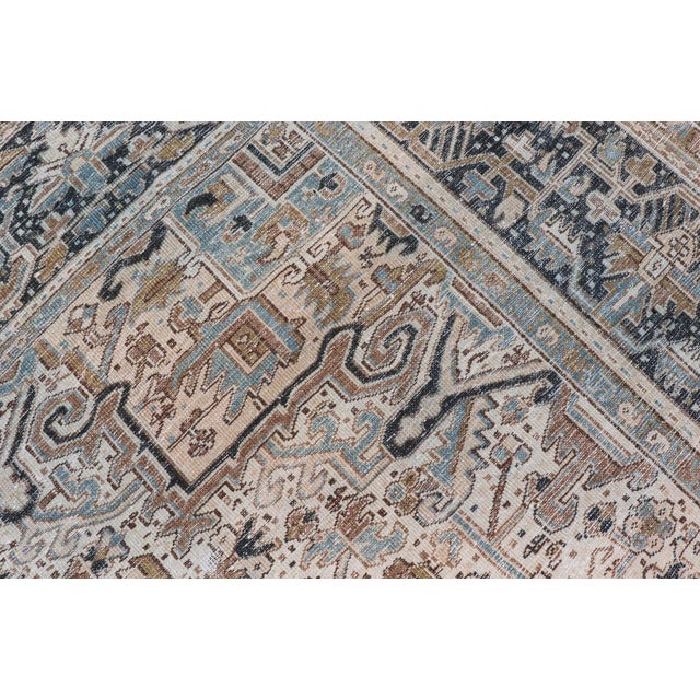 Persian Antique Heriz Rug With Geometric Design in Blue's, Tan, Cream, and Brown 11'5 X 14'7 For Sale - Image 16 of 17