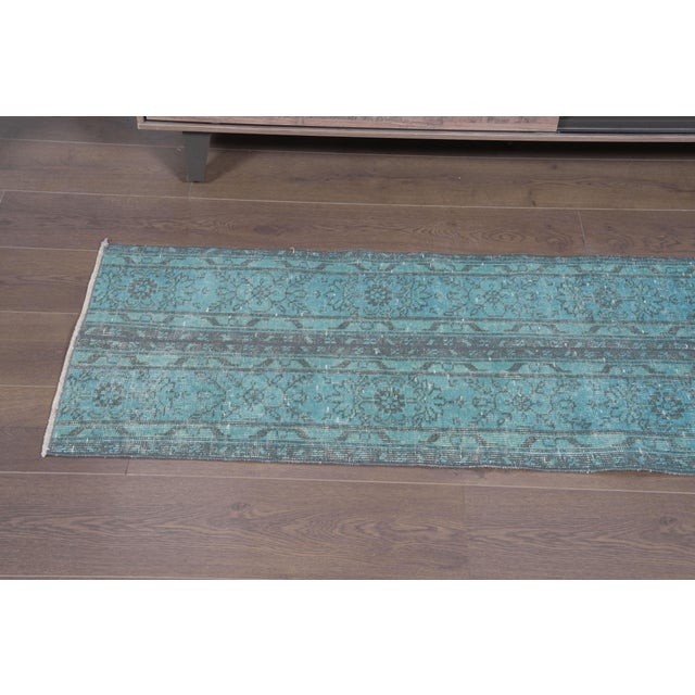 1970 Vintage Handwoven Turquoise Turkish Runner For Sale - Image 9 of 10