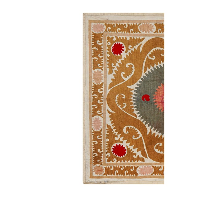 Mid-Century Modern Suzani Wall Hanging, Mustard Green Red Uzbek Hand Embroidery 4'2'' X 4'5'' For Sale - Image 3 of 10