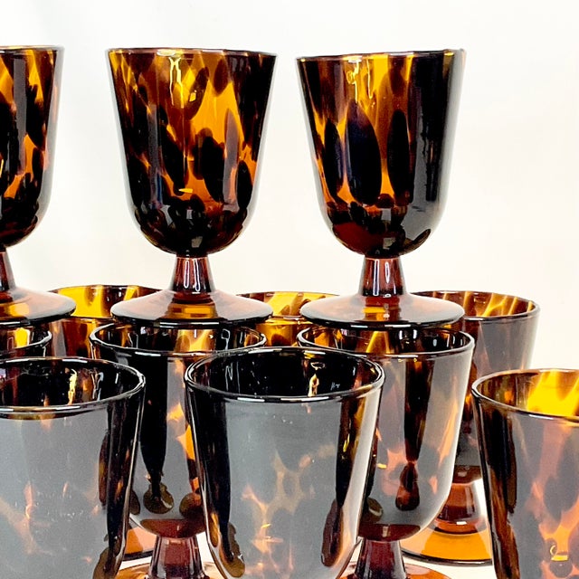 Glass Mid-Century Hollywood Regency Murano Tortoise Wine Goblets - Set of 13. For Sale - Image 7 of 11