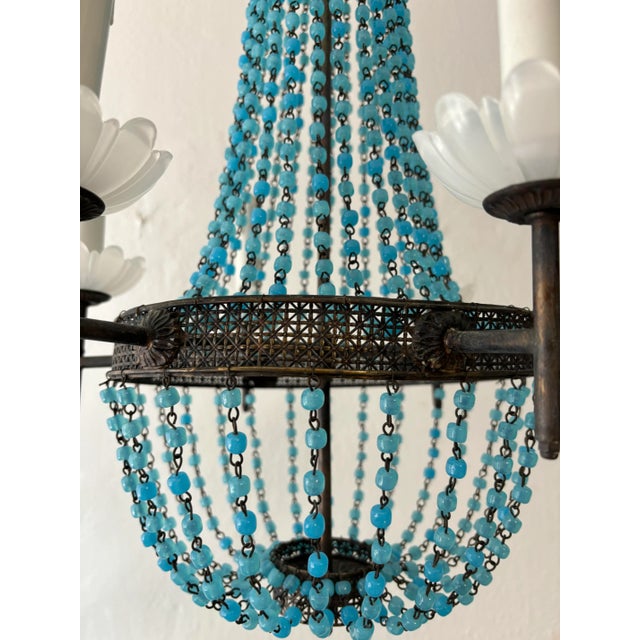 1920s Italian Empire White Murano Opaline Beads Blue Beaded Tole Chandelier, C 1900 For Sale - Image 5 of 10