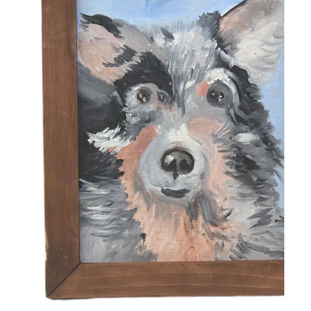Charming folk-art doggie dog puppy portrait study, oil on stretched artist canvas. Unsigned. Includes the primitive brown...