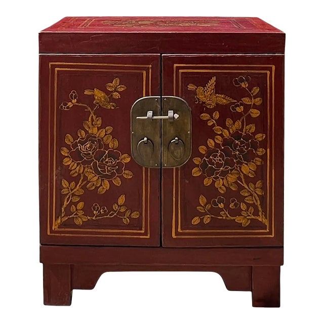 Chinese Distressed Brick Red Flower Birds Graphic End Table