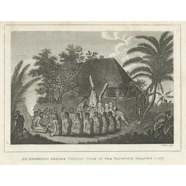 Title: "The Ceremonial Offering to Captain Cook in Hawaii, 1778" This detailed antique engraving, titled "An Offering...