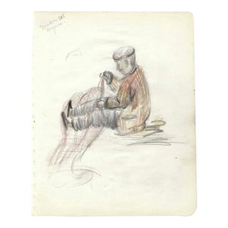 1950s Grace Spongberg Mending Net Majorca Spain Drawing For Sale