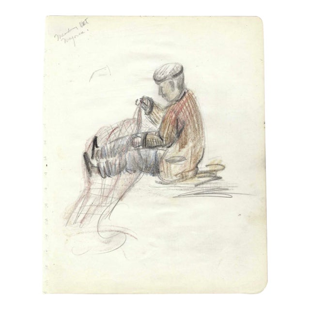1950s Grace Spongberg Mending Net Majorca Spain Drawing For Sale