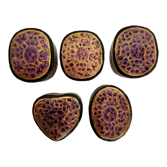 1990s Indian Hand Painted Paper-Mache Boxes - Set of 5 For Sale