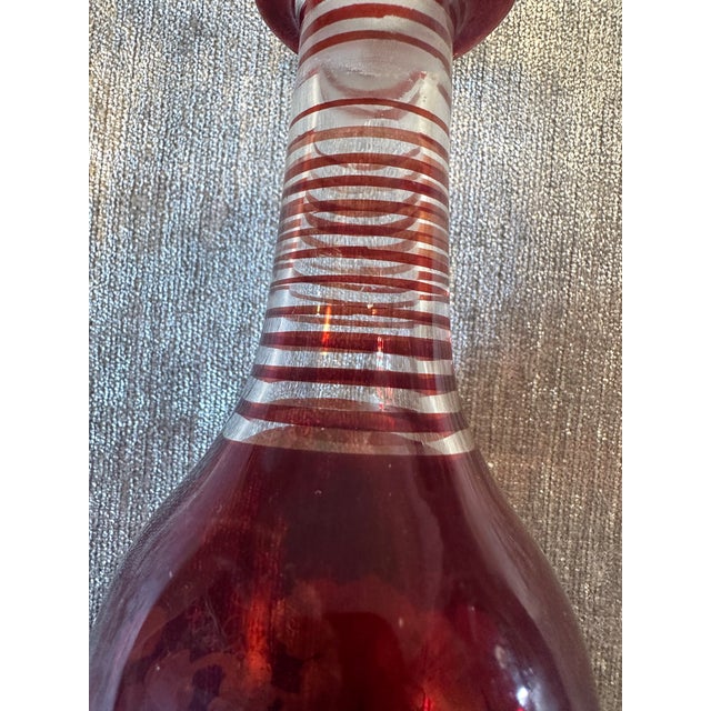 Glass Antique Red Cranberry Glass & White Etched Grapes & Leaves Oil/Vinegar Cruet/ Bottle For Sale - Image 7 of 10
