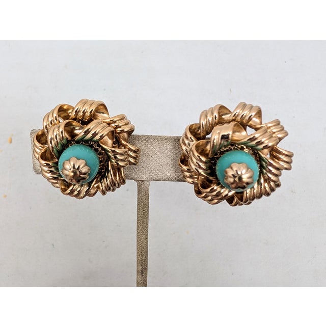 Metal Vintage 1950s Signed Napier Goldtone Faux-Turquoise Clip Earrings-2 Pieces For Sale - Image 7 of 7