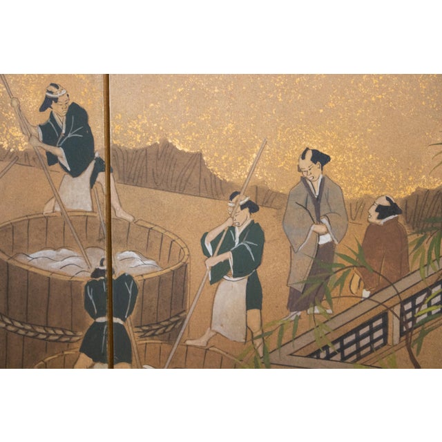Goldenrod "Sake Brewery", Late Showa Era 1970-1980s Japanese Yamato-E Byobu Screen For Sale - Image 8 of 18