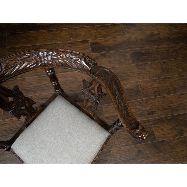 English 19th Century Oak Corner Chair with Carved Foliage and New Upholstery For Sale - Image 10 of 10