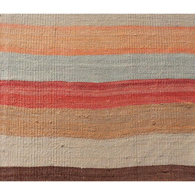 Textile Vintage Turkish Kilim Runner With Coral, Tan and Soft Blue Stripes For Sale - Image 7 of 11