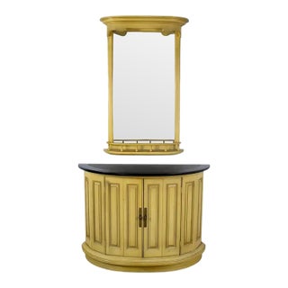 Mid to Late 20th Century Neoclassic Revival Blonde Oak Demilune Cabinet or Console and Mirror For Sale