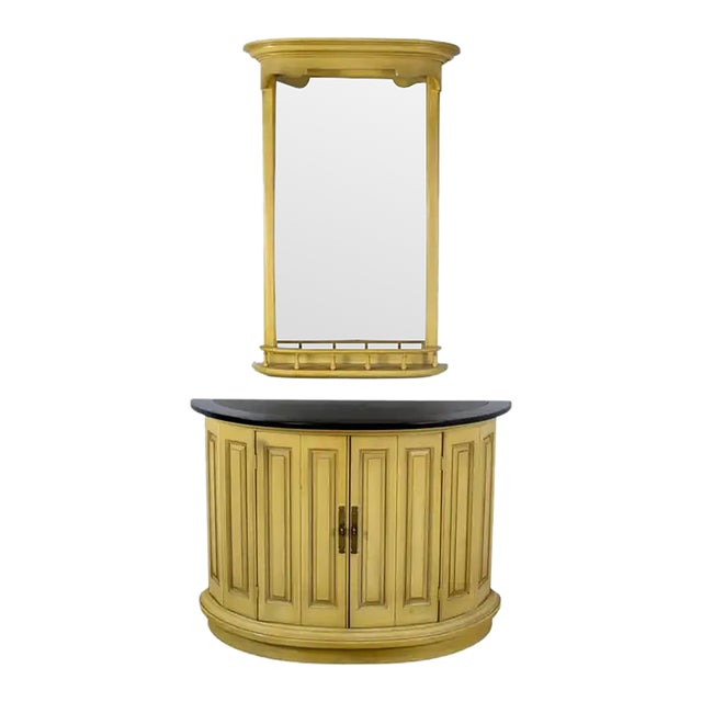 Mid to Late 20th Century Neoclassic Revival Blonde Oak Demilune Cabinet or Console and Mirror For Sale