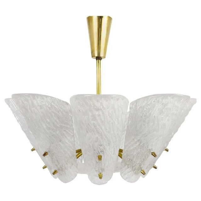 Mid-Century Brass Chandelier with White Textured Glass Lamp Shades attributed to J. T. Kalmar for Kalmar, 1950s For Sale - Image 11 of 11