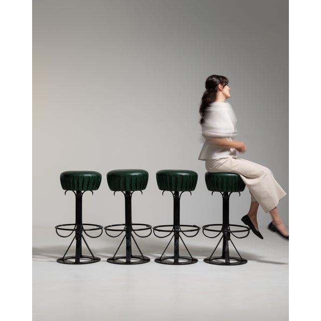 1970s Set of Four Bar Stools with Wrought Iron Bases For Sale - Image 14 of 16