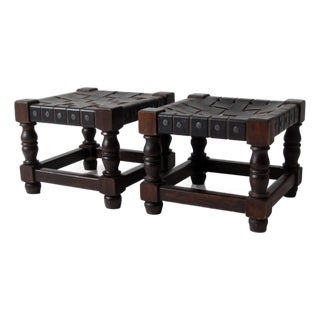 Mid-Century Spanish Revival Leather Strap Stools Pair For Sale