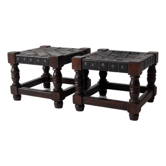 Mid-Century Spanish Revival Leather Strap Stools Pair For Sale