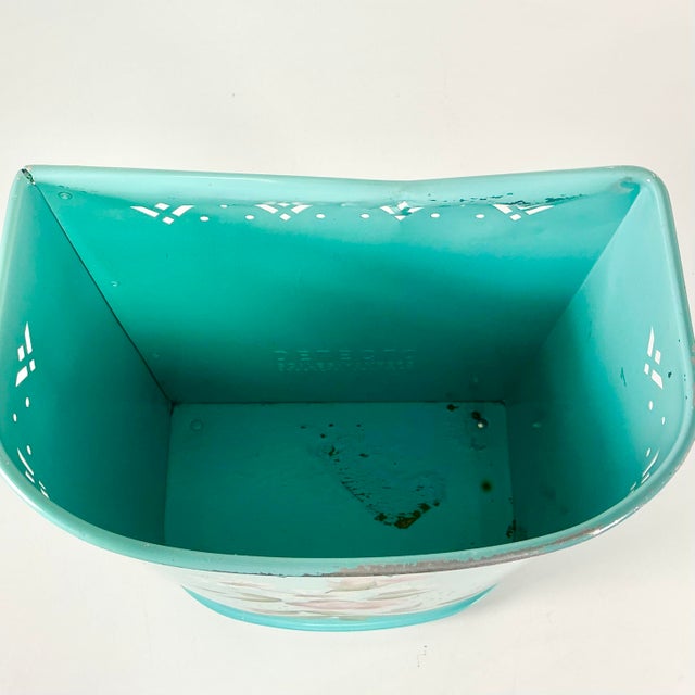 1950s Vintage Hollywood Regency Boho Chic Turquoise Handpainted Flora Metal Wastebasket For Sale - Image 18 of 18