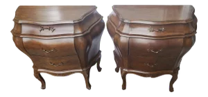 Italian Hand Carved Walnut Bombe Chests Nightstands - a Pair