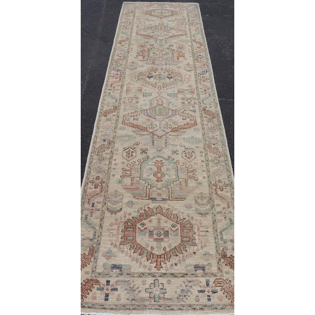 Afghanistan Heriz-Serapi Runner With Ivory Field and Soft Green Accents For Sale - Image 10 of 13