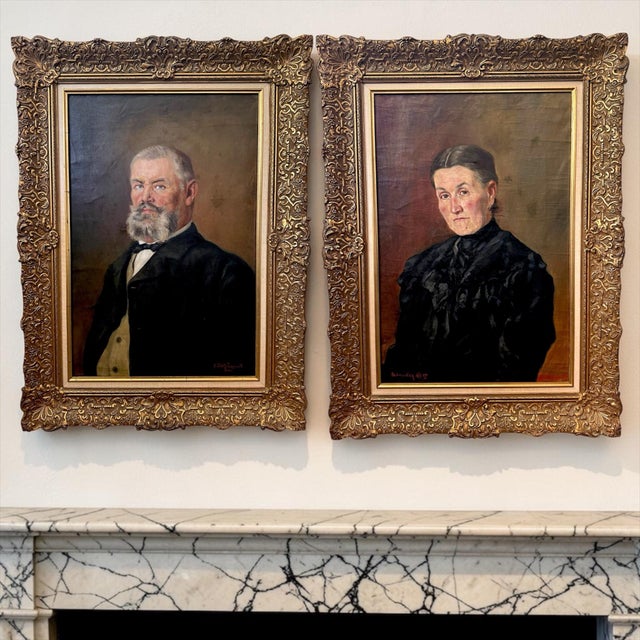 An exceptional and highly decorative pair of signed European portrait paintings depicting a husband and wife, executed by...