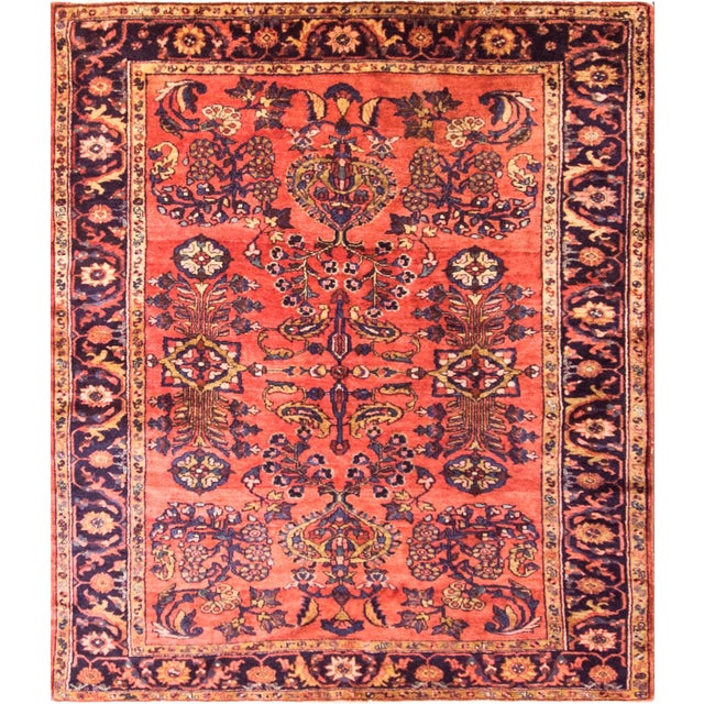 Antique Lilihan Sarouk Floral Red Rug-5' 6" X 6'3" For Sale
