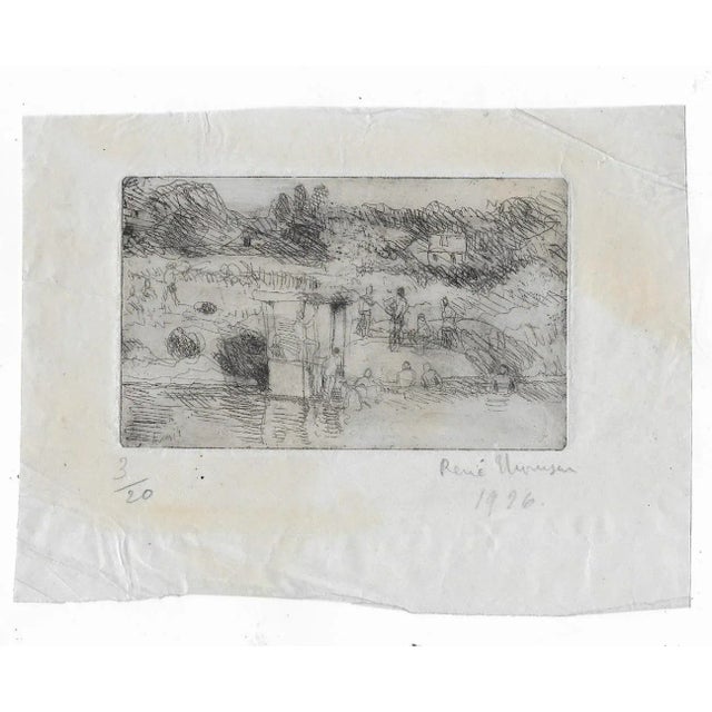 French 1926 Coastal Miniature Etching With Figures For Sale - Image 3 of 3