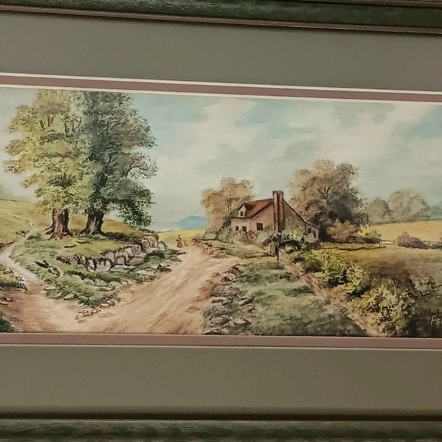 Antique 1919 Vintage Landscape Watercolor Painting House Barn Dirt Road Signed P S 1919 Matted and framed Approximately...