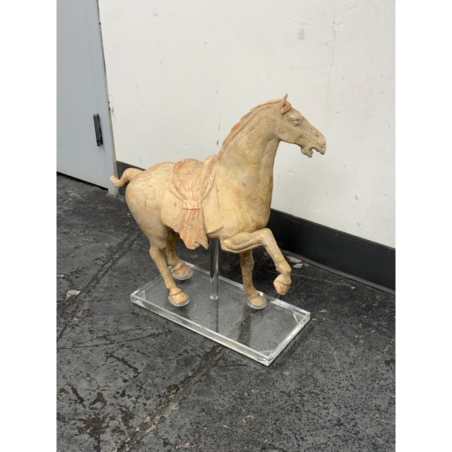 Late 19th Century Antique Pottery Tang Dynasty Style Horse + Lucite Stand For Sale - Image 5 of 12