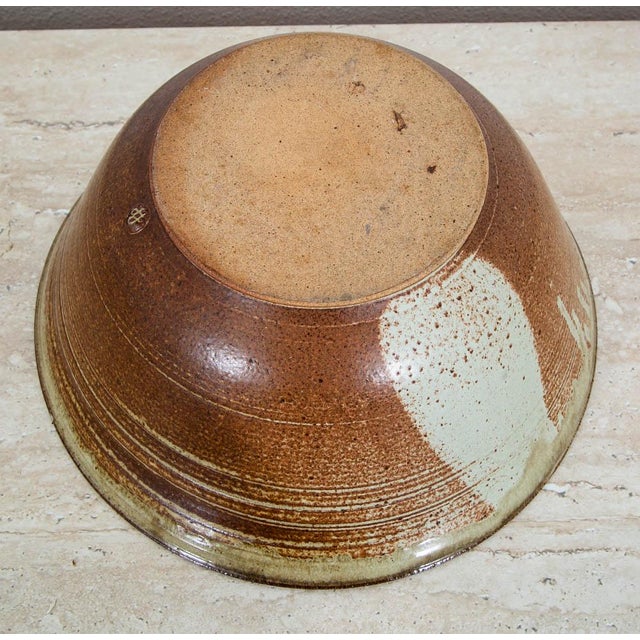 1960s Mid Century Modern Round Bowl Studio Hand Thrown Large Blue Tan Brown Signed MCM For Sale - Image 5 of 8