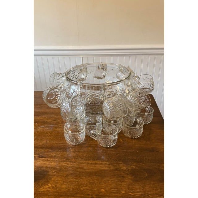 Transparent Mid 20th Century Jeanette Glass Fruit Pattern Punch Bowl Set - 34pcs For Sale - Image 8 of 12