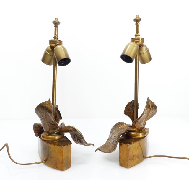 1970s Vintage French Hammered Brass Floral Lamps, 1970, Set of 2 For Sale - Image 5 of 12