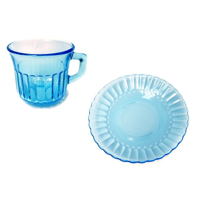 Mid 20th Century Vintage Forte Crisa Cup & Saucer Light Blue Glass Tea Serving Set of 8 For Sale - Image 5 of 7