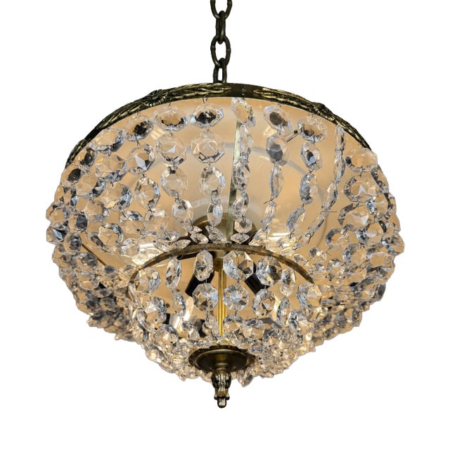 Vintage Italian Brass and Crystal Pendant Light, 1960s For Sale