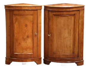 Near Pair of 19th Century French Louis Philippe Walnut Bow Front Corner Cabinets